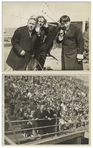 Moe Howard Personally Owned 10'' x 8'' Glossy Publicity Photos (Set of Two) From 1939 in Atlantic City -- Label on Verso Reads ''...a seal taking the part of the fourth Stooge'' -- Very Good Condition
